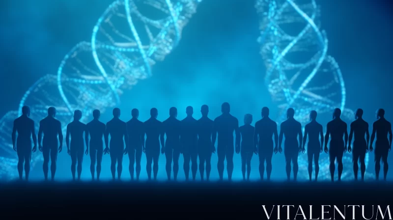 Merging Science and Humanity: Silhouettes of People Against the DNA Background in Genetic Experiment AI Image