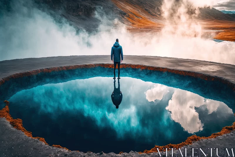Captivating Serenity: A Man in Iceland Standing on the Edge of a Geyser Lake AI Image