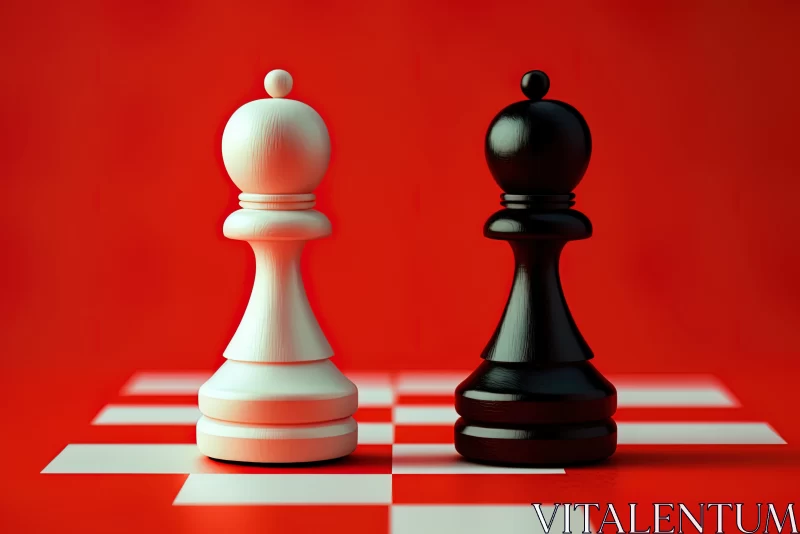 Strategic Clash: White and Black Chess Pawns on a Vibrant Red Background AI Image