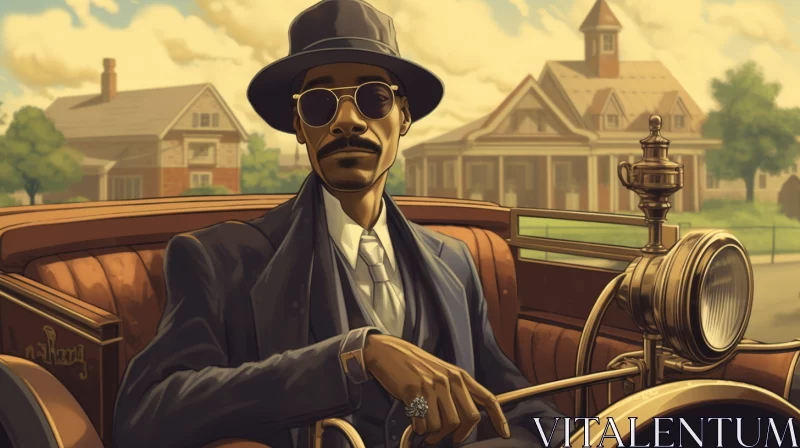 AI ART Snoop Dogg's Vintage Drive: A Stylish Icon in Hat and Sunglasses Cruising in an Old Car with a Rich