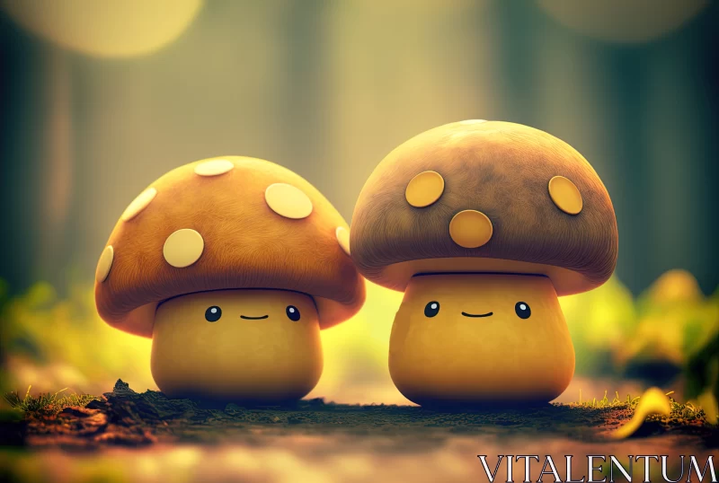 Whimsical Delights: Two Cute Mushrooms Amidst the Enchanting Forest AI Image