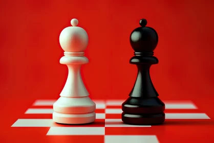 Strategic Clash: White and Black Chess Pawns on a Vibrant Red Background AI Image