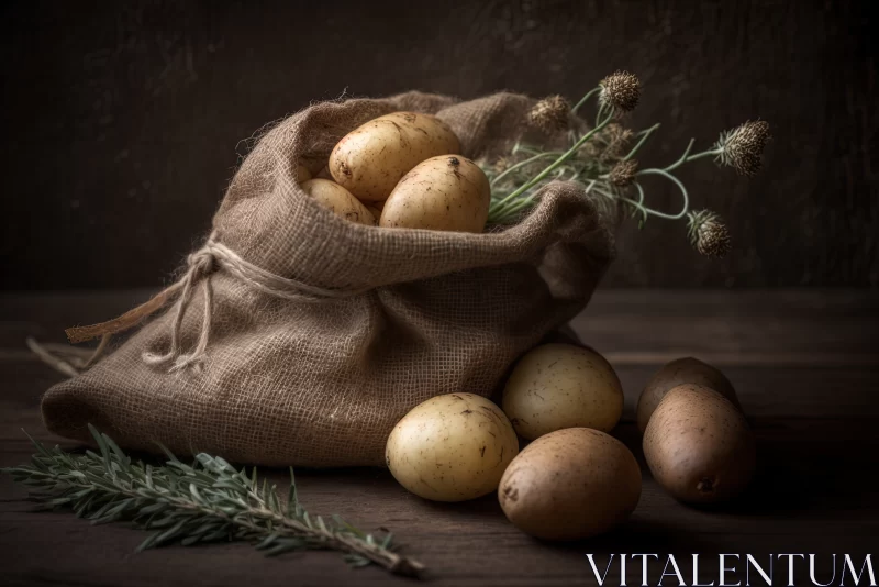 AI ART Rustic Harvest: Potatoes and Twigs on Burlap Sack against a Wooden Surface