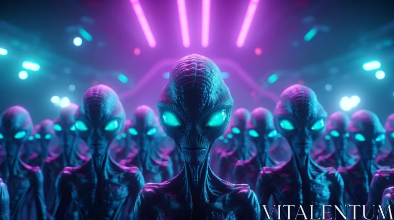 Mystical Encounter: 30 Scary Aliens Standing in a Mysterious Row AI Image