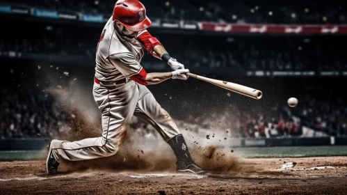Action-Packed Baseball Player Mid-Swing in Red and Gray Tones