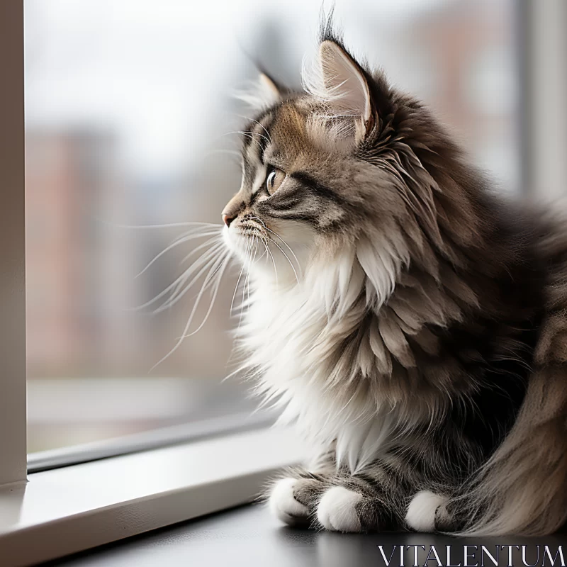 Endearing Gray Cat by Window in Muted Colors AI Image