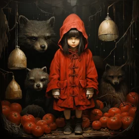 Enigmatic Girl with Wolves - A Rustic Still Life Artwork