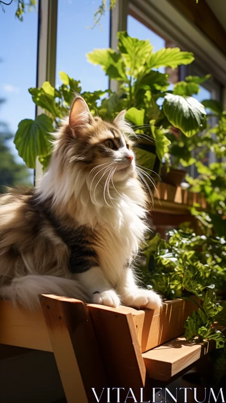 Majestic Cat on Wooden Stand Amidst Lush Foliage AI Image