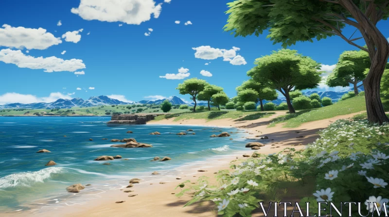 Serene Beach Scene at Dusk with Lush Forest Backdrop AI Image