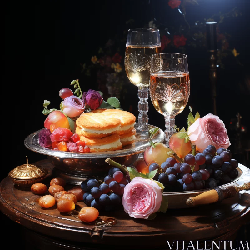 Baroque Inspired Still Life with Woman, Fruit and Champagne AI Image