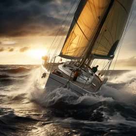 Dynamic Sailing Yacht Image in Tempestuous Ocean Waves at Amber Sunset AI Image