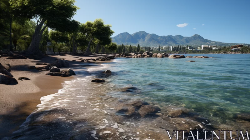 Tranquil Beach Scene with Rocky Shore and Distant Mountains AI Image