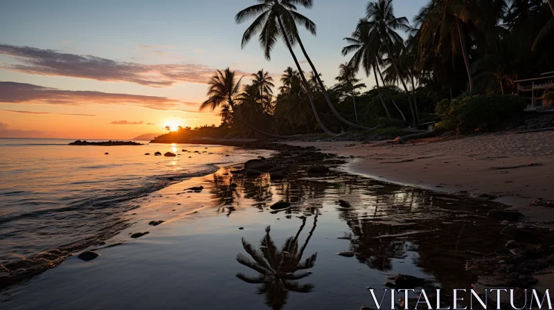 Tropical Beach Sunset with Palm Silhouettes AI Image