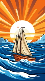 Vintage Sailboat in Stormy Atlantic Waves Pop Art Illustration AI Image