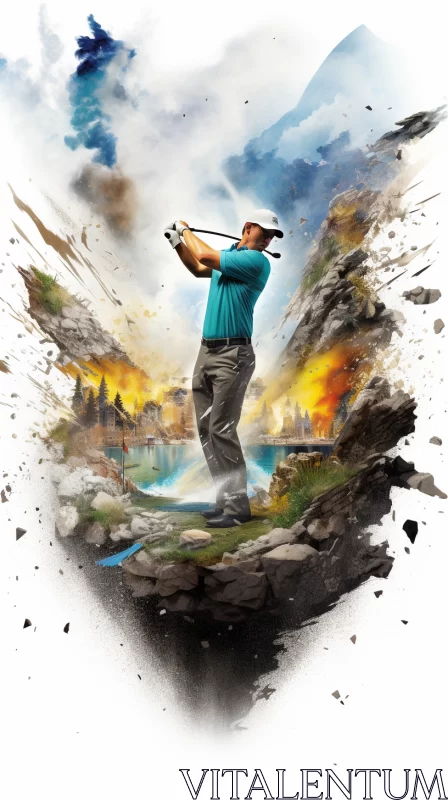 Dramatic Golf Scene with Vibrant Rainbow and Turquoise Sky AI Image
