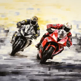 Impressionistic Large-Scale Painting of High-Speed Motorcycle Race in Vibrant Hues AI Image