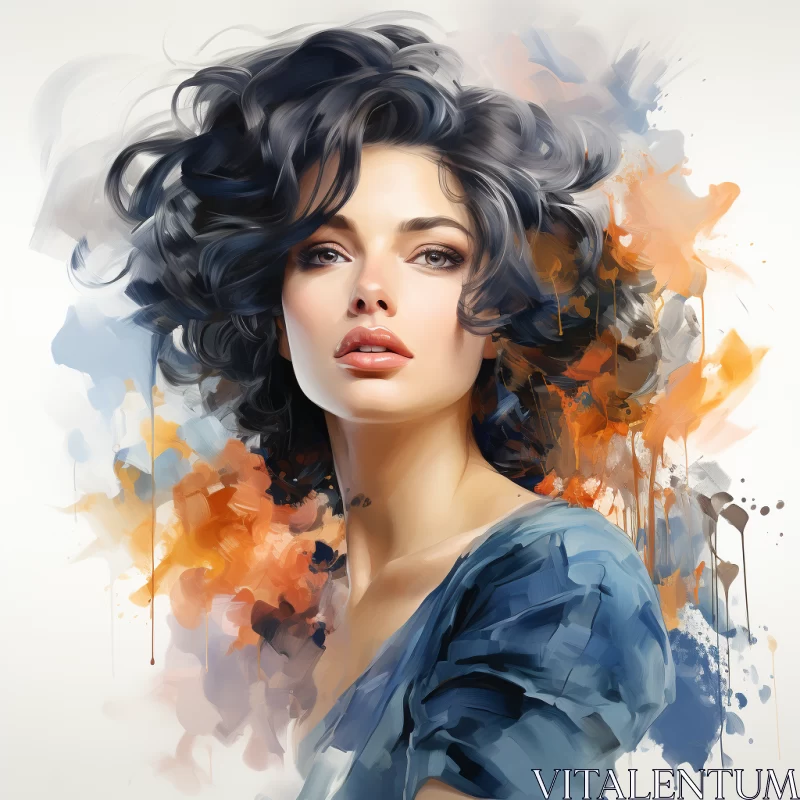 Romantic Digital Painting of Woman in Blue with Floral Hair AI Image