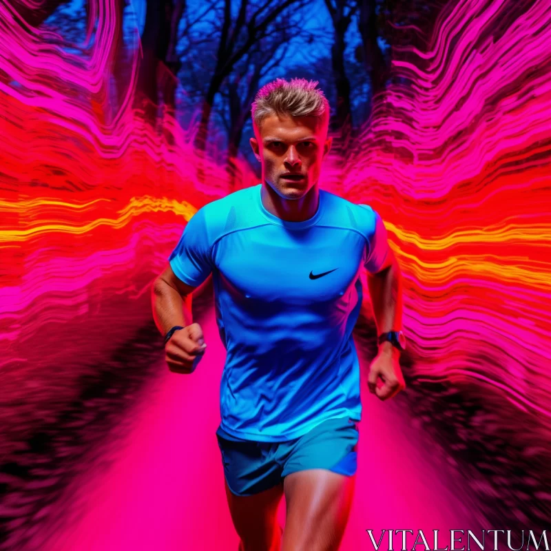 AI ART Energetic Runner in Blue Shirt Amidst Colorful Lights in Serene Park