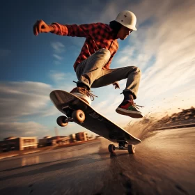 Futurism-Inspired Skateboarder Mid-Jump Image with Warm Hues & Vibrant Aura AI Image