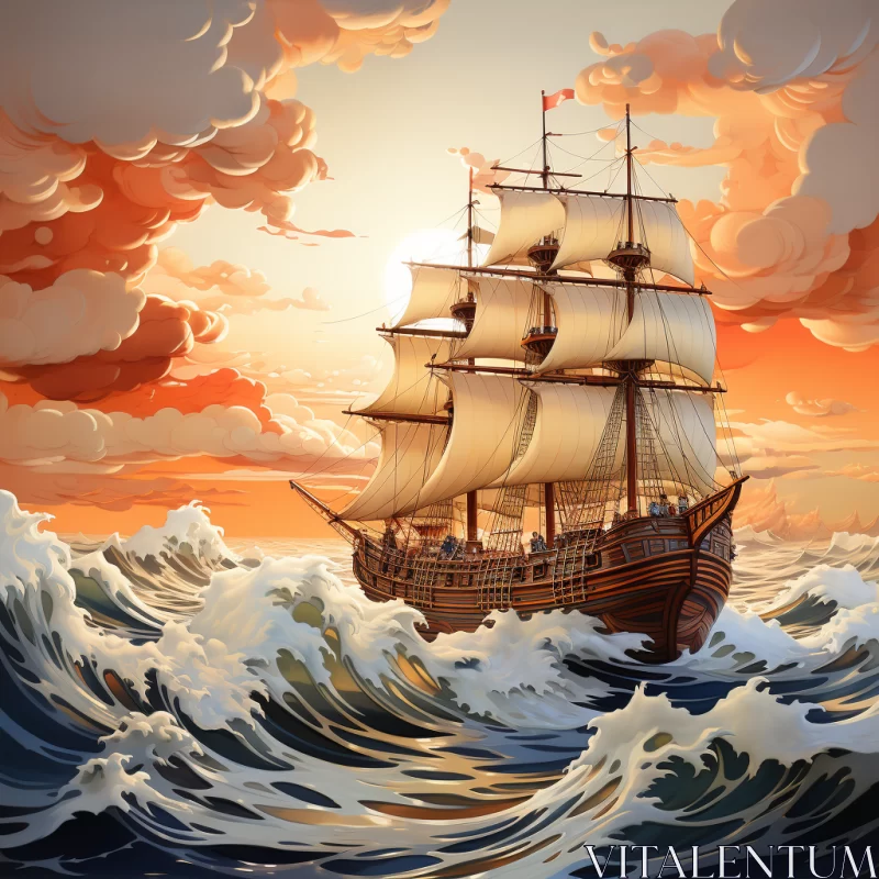 Neo-Renaissance Styled Sailing Ship Traversing Stormy Sea at Sunset AI Image