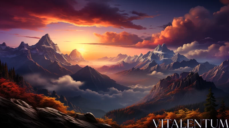 Sunset Landscape with Detailed Mountains and Adventure-filled Atmosphere AI Image