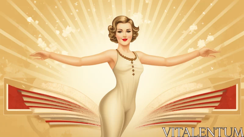 Elegant Woman in Retro Dress with Open Book and Bird Illustrations AI Image