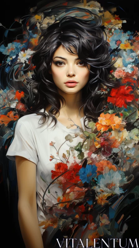 Girl with Flowing Hair in Floral Dreamscape Painting AI Image