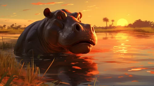Glowing Hippo in Tropical Landscape - Concept Art Portrayal AI Image
