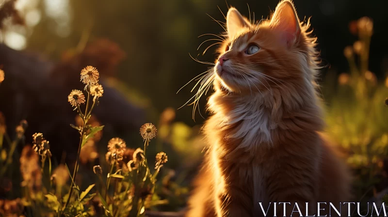 Golden Hour Tabby Cat in Grass with Dreamy Bloomcore Aura AI Image
