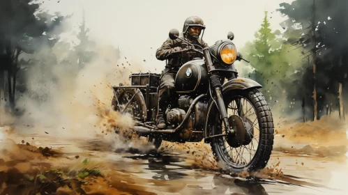 Gritty Military Motorcycle Scene in Muddy Terrain AI Image