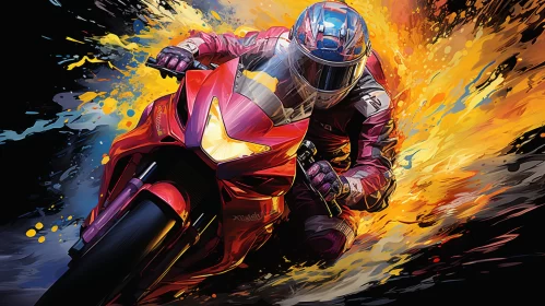 Helmeted Man on Red Motorcycle in Comic-Book Style Art AI Image