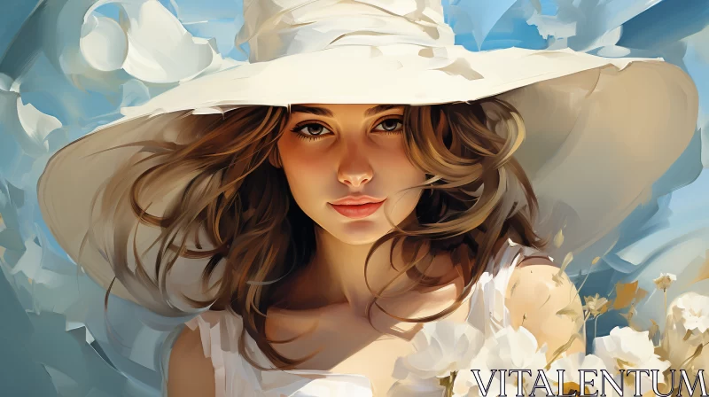 AI ART Sun-Kissed Woman in a White Flower Hat - Beach Portrait Art