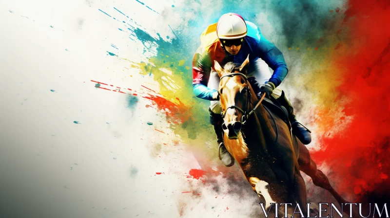 Vintage Style 8K Sports Art of Jockey Riding Horse with Vivid Paint Splats AI Image