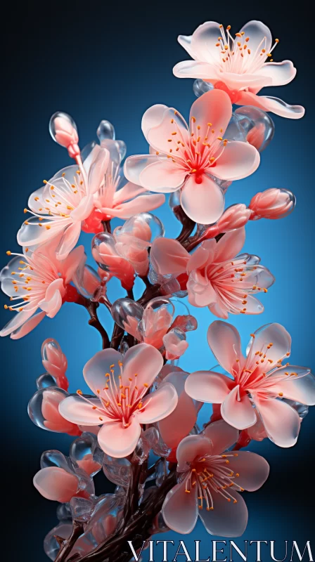 Zbrush Style Pink Cherry Blossoms on Blue Background AI Image