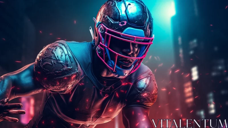 Futuristic Football Player Running Amidst Neon Lights AI Image