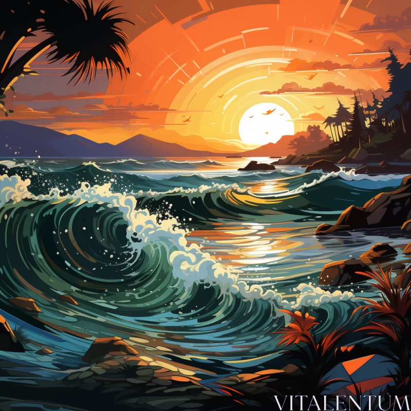 Sunset Ocean Mural with Surfer Silhouette AI Image