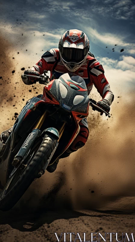UHD Motorcycle Rider Image on Sandy Track with Intense Color Palette AI Image