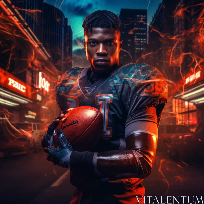 Captivating Football Player in Night surrounded by Dancing Flames AI Image