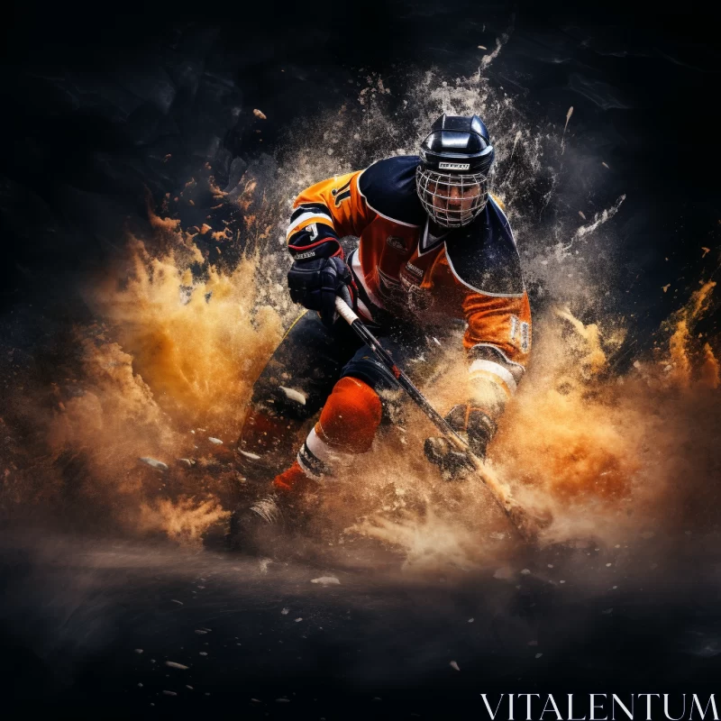 Dramatic Hockey Player in Motion Surrounded by Smoke AI Image
