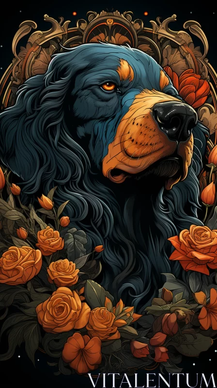 Neo-Victorian Black Dog Illustration with Orange Flowers AI Image