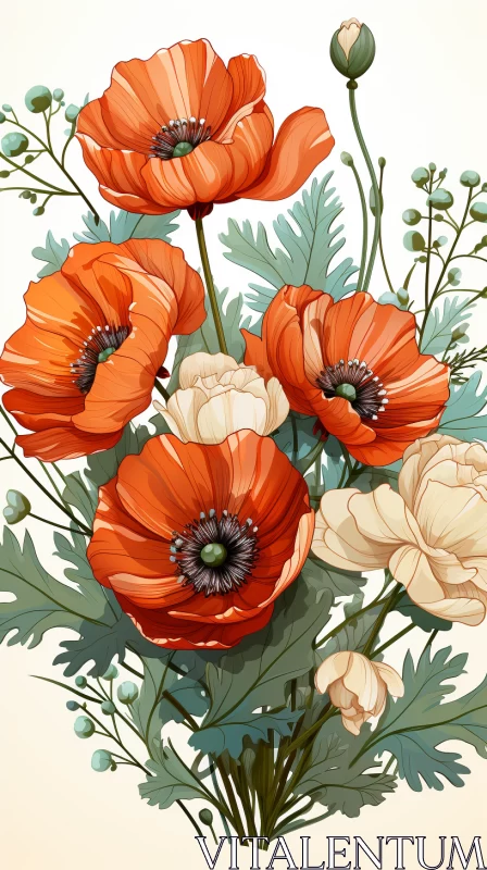 Art Deco Inspired Orange and White Poppy Bouquet Illustration AI Image