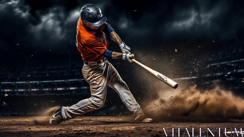Ghostly Baseball Player in Powerful Swing on Dusty Night AI Image