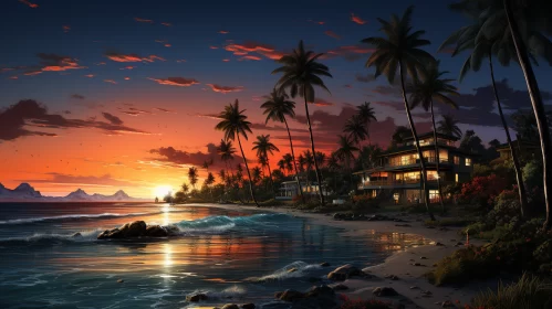 Romantic Ocean Sunset with Detailed Beach House & Palm Trees AI Image