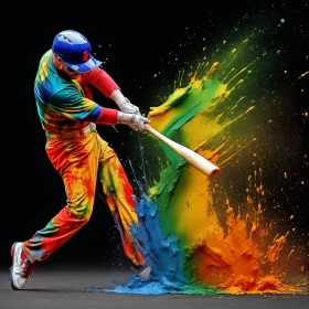 Action-Packed Baseball Swing in Multicolored Paint AI Image