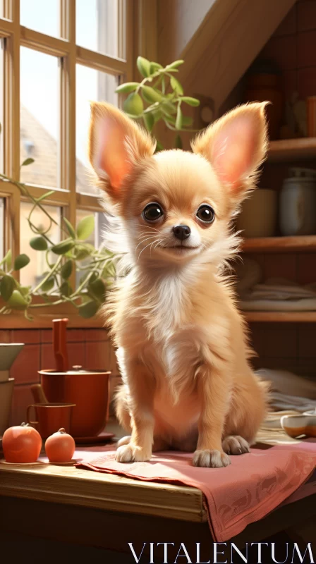 Charming Chihuahua Puppy in Cozy Sunlit Scene - Digital Art AI Image