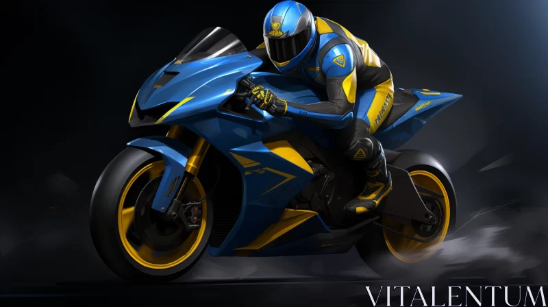 High-Resolution Image of Man Riding Cyan and Gold Motorcycle AI Image