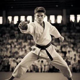 Karate Practitioner in Vintage Sepia Backdrop Captured Through Zeiss Batis 18mm Lens AI Image