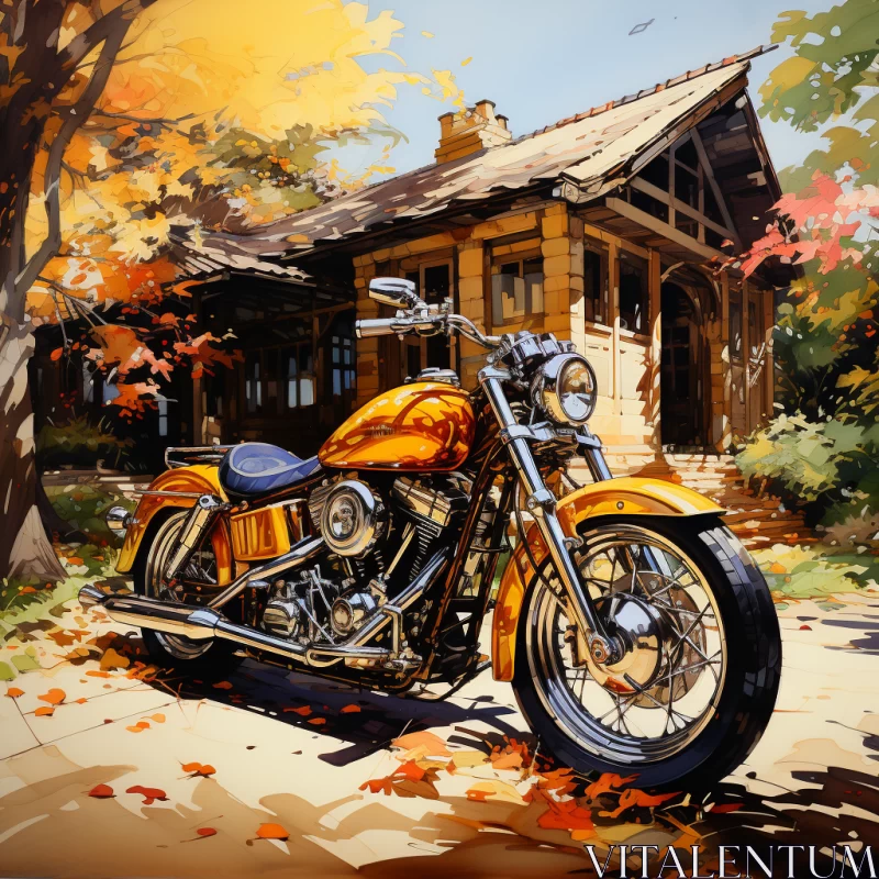 Motorcycle Amidst Nature: Blend of American Scene Painting & Manga Art AI Image
