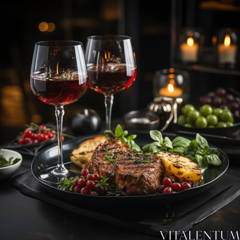 Steak and Red Wine on a Dark Table AI Image