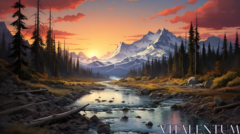 Tranquil Mountain Landscape Artwork with Sunset Glow AI Image